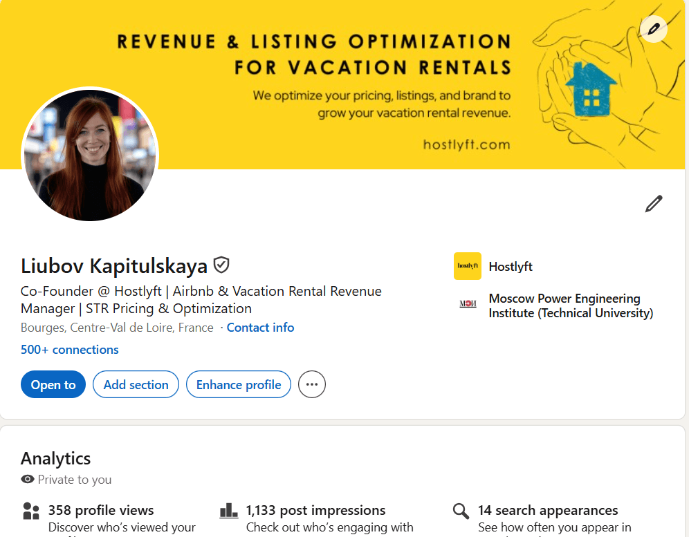 Profil LinkedIn optimisé de Hostlyft — titre SEO, banner Revenue & Listing Optimization for Vacation Rentals